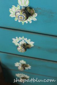 The Blue Building Antiques in Alabaster, AL Upcycled chest featuring drawer stencils and new knobs from D.Lawless Hardware