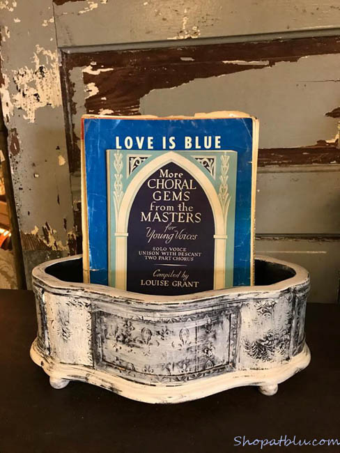 The Blue Building Antiques Alabaster AL Quick Upcycle Project 3 planter with sheet music