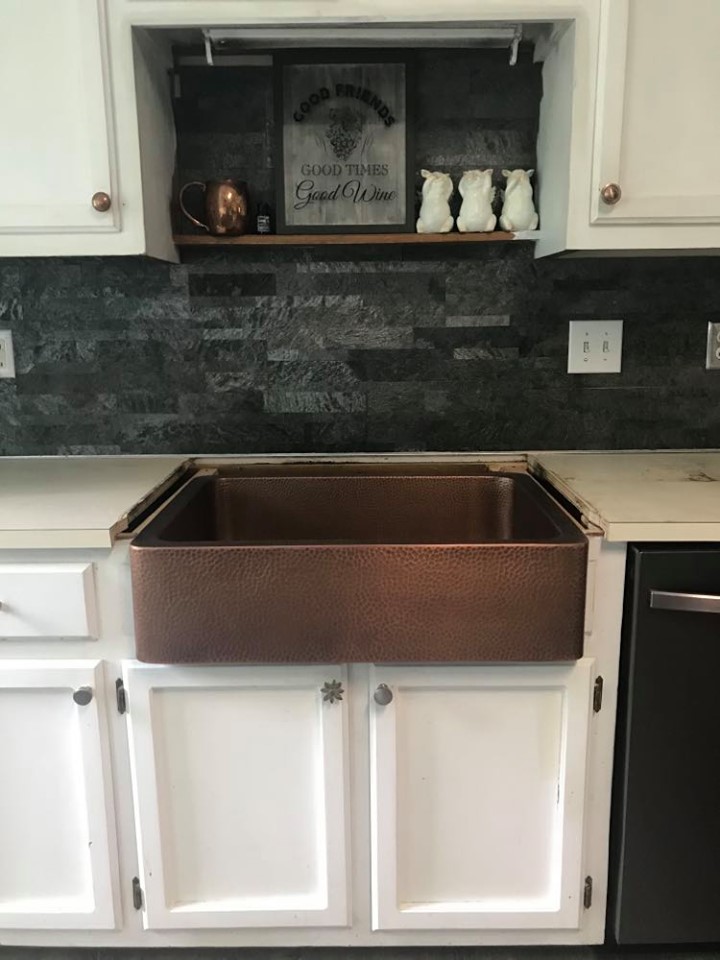The Blue Building Antiques Shopatblu ORC Sinkology Hammered Copper Farmhouse Sink installation complet