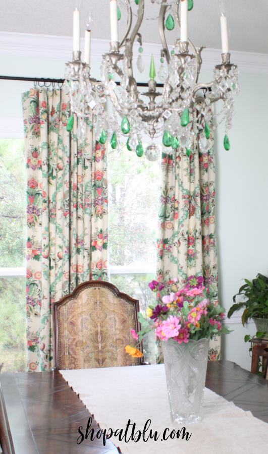 The Blue Building Antiques Shopatblu curtains and chandelier