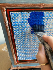 shopatblu vintage trash basket Klein blue rattan