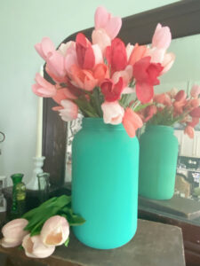 Shopatblu Earth Day recycle bin project peach tulips in vases