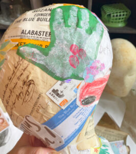 shopatblu The Blue Building Antiques decoupage mannequin head child handprint