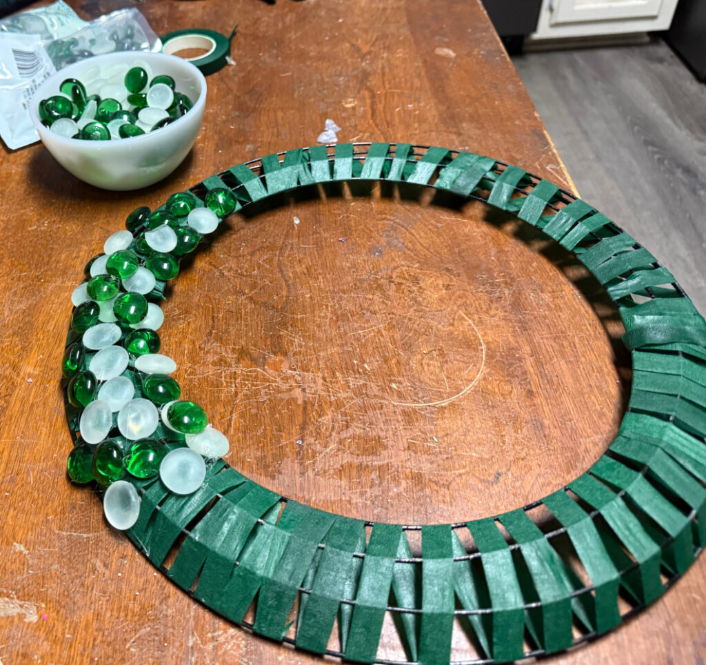 shopatblu st. patrick's day dollar store wreath glue gems onto frame